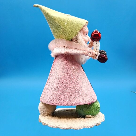 Vintage 1950s Putz Elf Ornament Japan • Pink Mica Glitter Coat • Green Flocked H - Picture 5 of 8